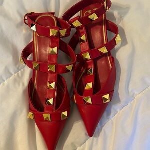 Valentino Strappy Red Heels with Gold Accents